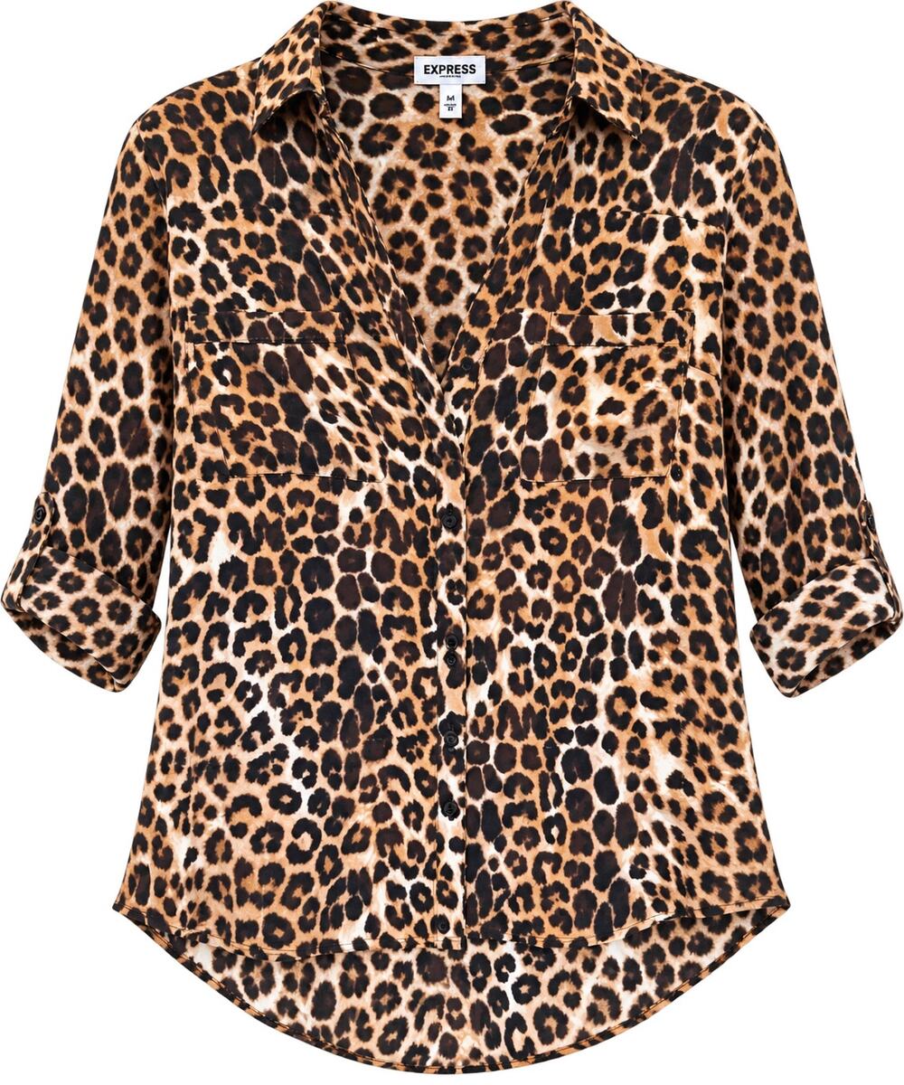 Express Leopard Print Button Down Roll Tab Sleeves Blouse Brown Size S